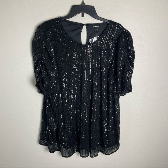 ❌SOLD Torrid Black Sequin Ruched Sleeve Top 2X NWT 18859297 - Picture 4 of 14